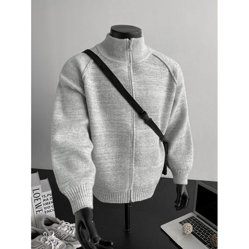 慵懒风纯色双拉链重磅立领毛衣开衫男潮牌春季宽松休闲百搭针织衫