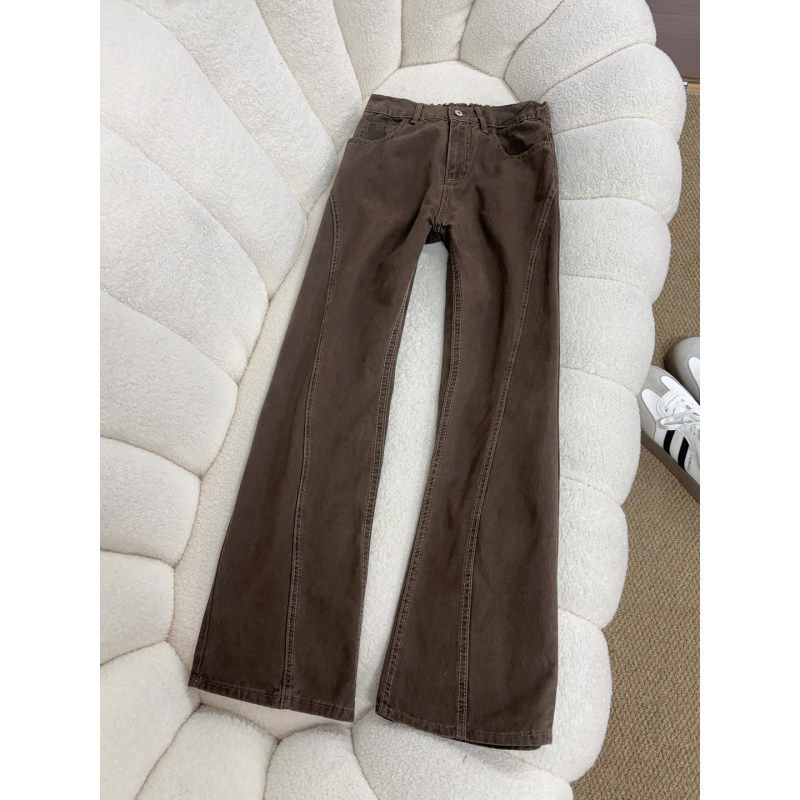 棕色美式复古牛仔裤男款春秋季纯棉高街微喇裤子显腿长斜切工装裤