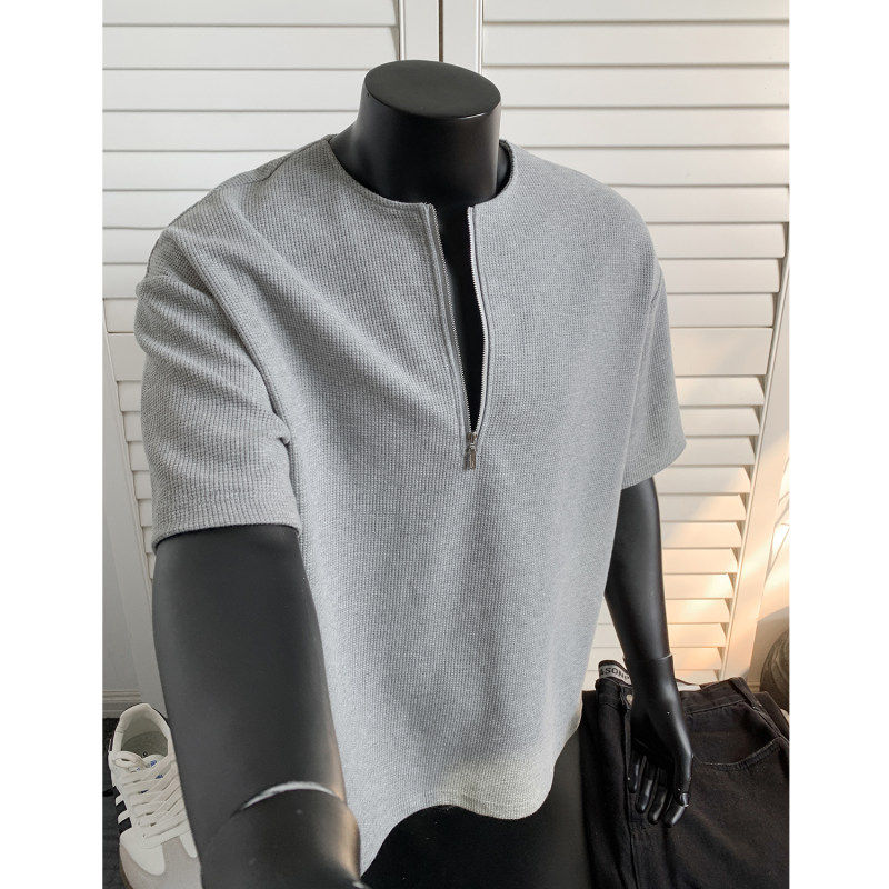 痞帅高级感t恤黑色半拉链短袖男款polo衫夏季重磅美式五分袖衣服