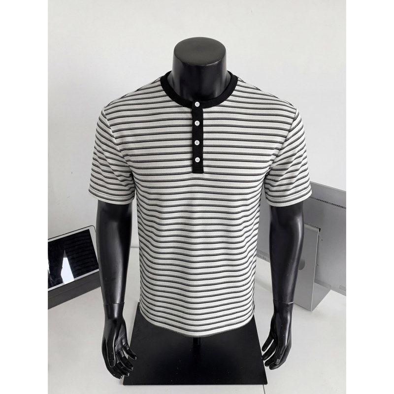 ins高街复古撞色条纹亨利领短袖男夏季美式宽松慵懒落肩五分袖T恤