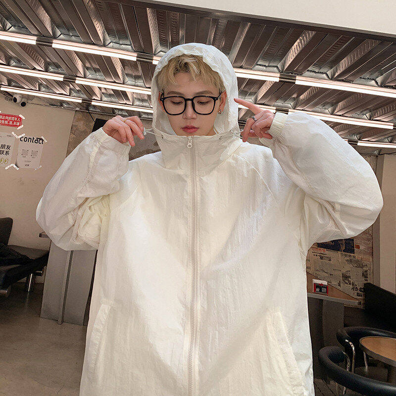 港风夏季防晒衣夹克男透气轻薄纯色外套户外休闲情侣薄款连帽宽松