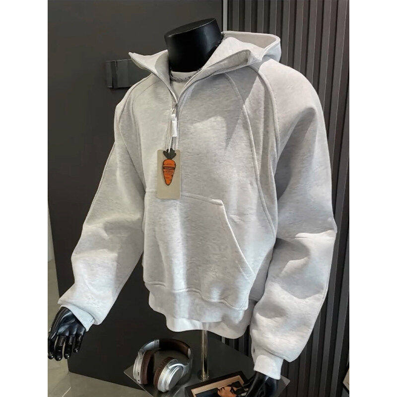 美式半拉链重磅卫衣男春季解构短款廓形外套cleanfit硬挺连帽衫