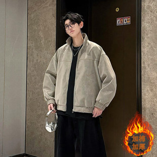 夹克 男立领棒球服小众工装 痞帅设计感棉服外套美式 扎染pu皮衣短款