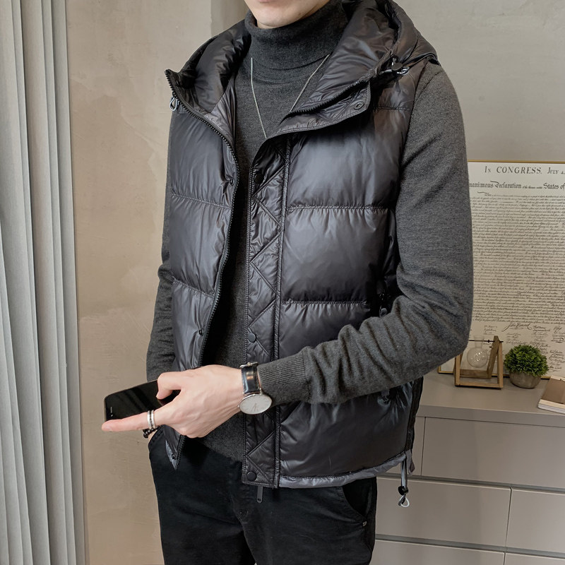 运动黑色潮牌痞帅短款连帽羽绒马夹男日系面包服保暖外套马甲背心