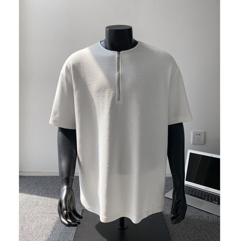 美式黑色华夫格短袖半拉链t恤男夏季重磅宽松痞帅青少年打底半袖