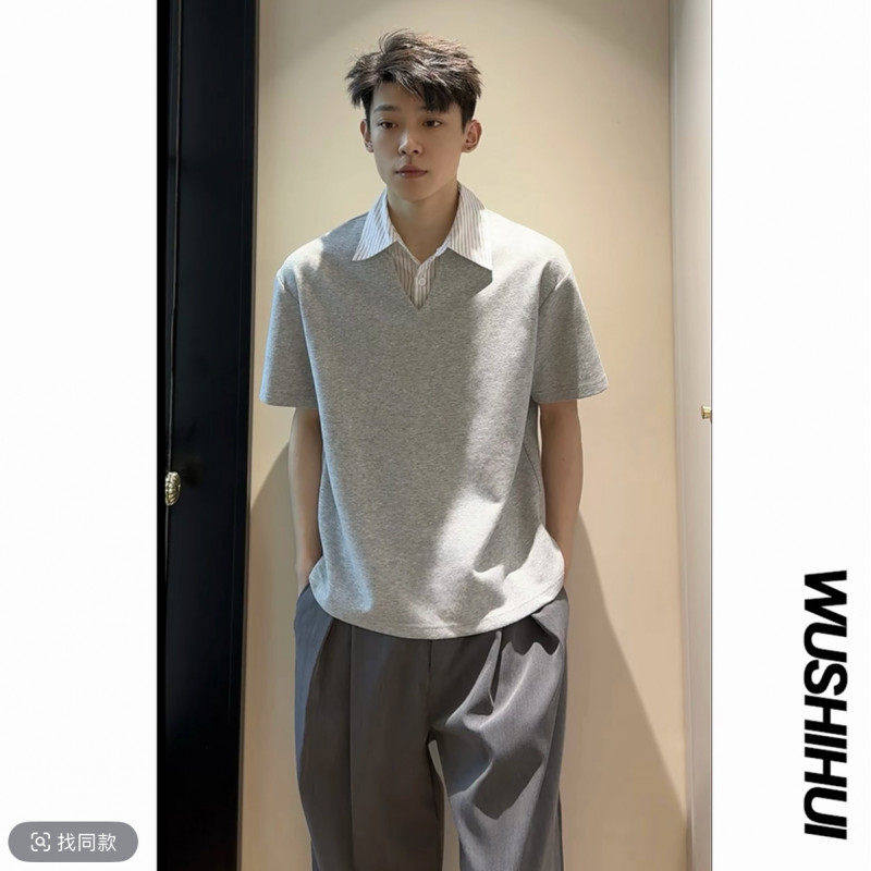 黑色假两件v领polo衫男款夏季学院风衬衫领t恤高级感痞帅正肩短袖