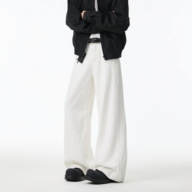 美式街头白色大码牛仔裤男潮牌基础纯色阔腿裤子高街直筒宽松长裤