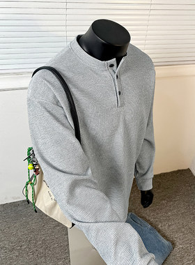 灰色亨利领长袖t恤男春秋季美式体恤衫华夫格宽松休闲内搭打底衫