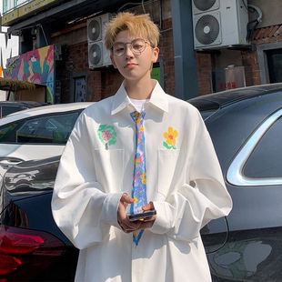 白色蜡笔彩绘领带衬衫男款夏季学院风设计感情侣衬衣潮牌大码外套