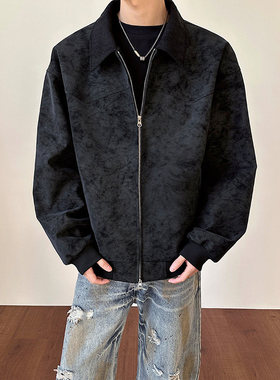 巴恩风扎染皮衣男美式春季新款复古拼接外套cleanfit灰色飞行夹克