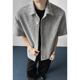 港风ins千鸟格休闲基础款短袖衬衫男女同款宽松复古百搭T恤潮衬衣