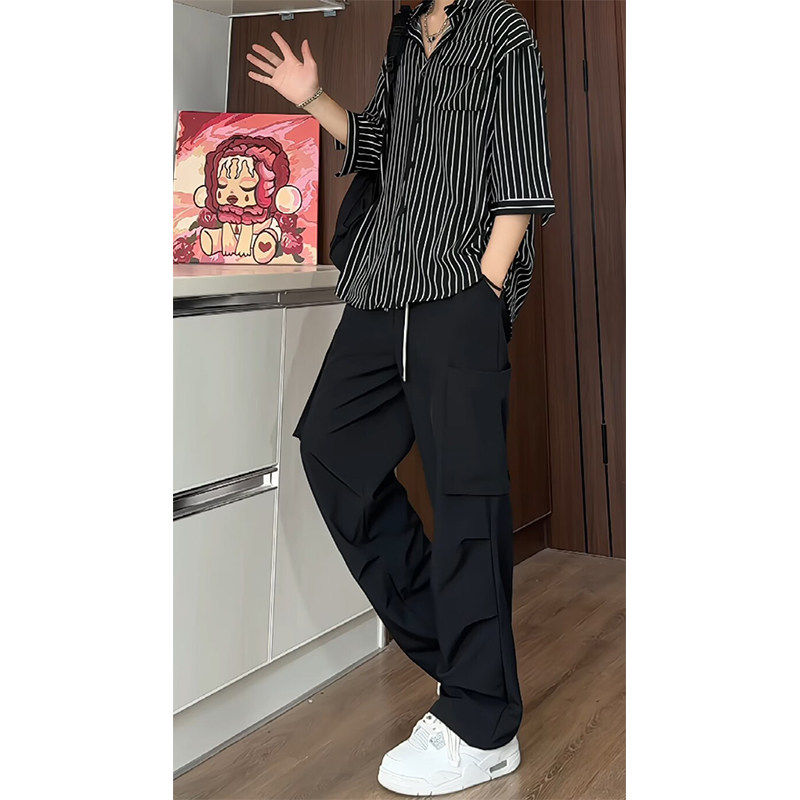 黑白条纹冰丝衬衫短袖套装男夏季薄款宽松大码裤子搭配一整套帅气