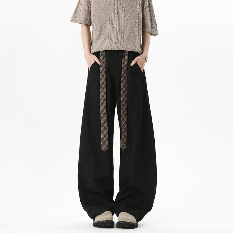 老钱风弯刀西裤男设计感腰带西装裤直筒宽松微喇裤垂感阔腿长裤子