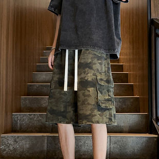 青少年夏季迷彩短裤男生潮牌痞帅五分工装裤美式高街直筒牛仔中裤