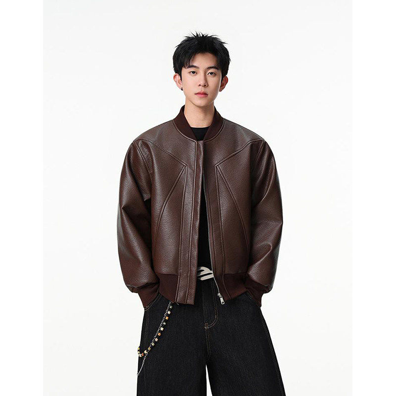 老钱风PU皮夹克休闲运动青年外套男女潮美式高街复古短款机车皮衣