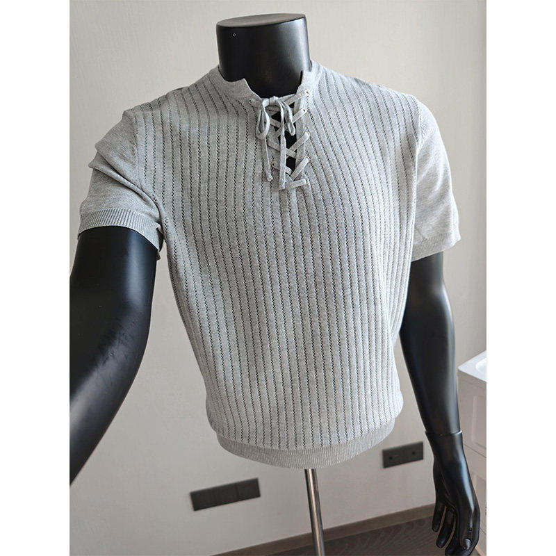 冰丝薄款镂空五分袖运动半袖男女健身老钱风设计感针织短袖T恤衫