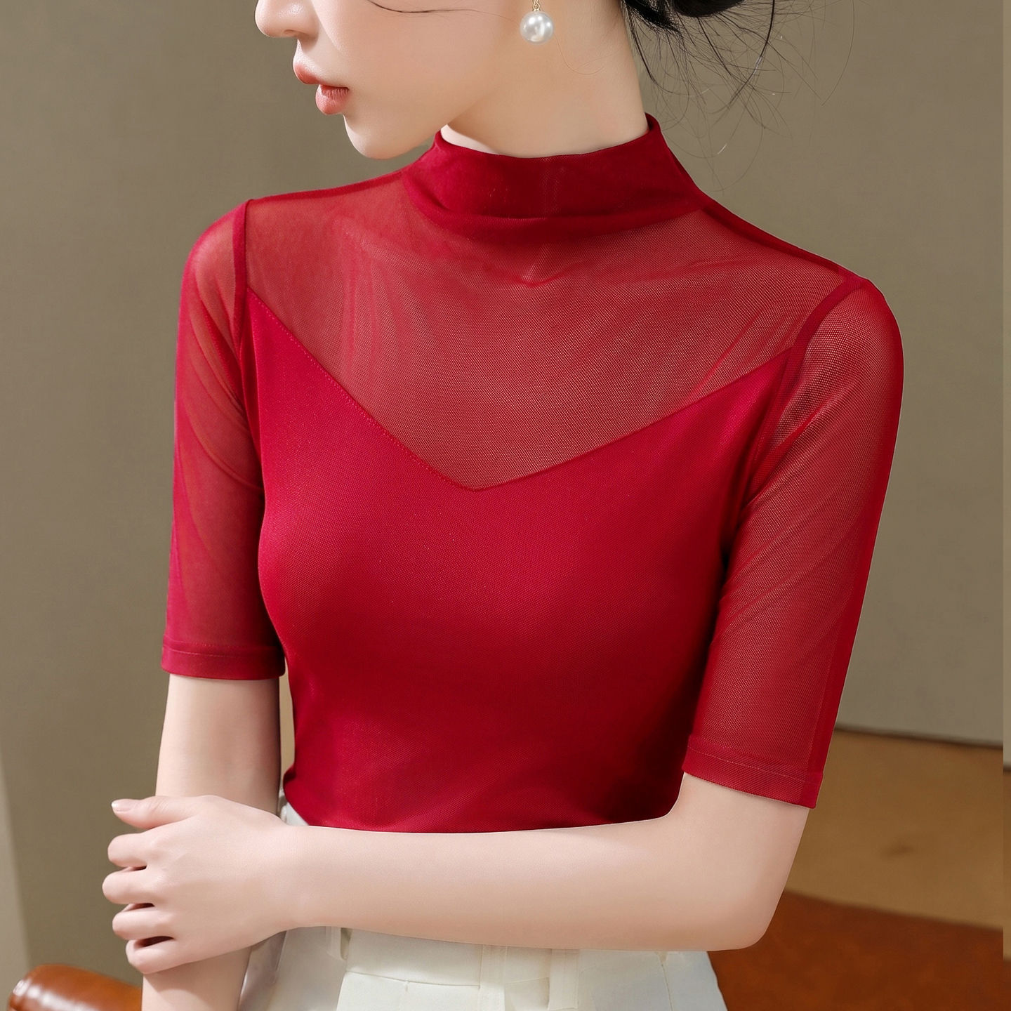 半高领时尚摩登舞女新款上衣中袖拉丁练功服夏季交谊国标舞蹈纱衣