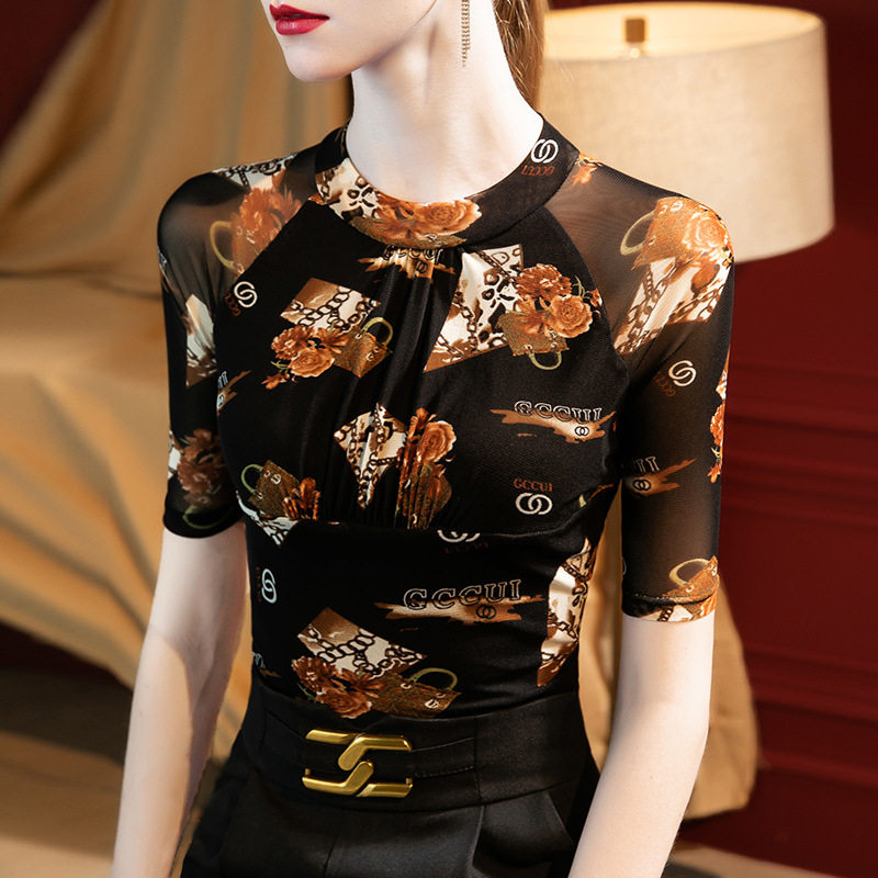 高级国际摩登舞上衣女新款夏季网纱中袖拉丁舞花服交谊舞服装练习