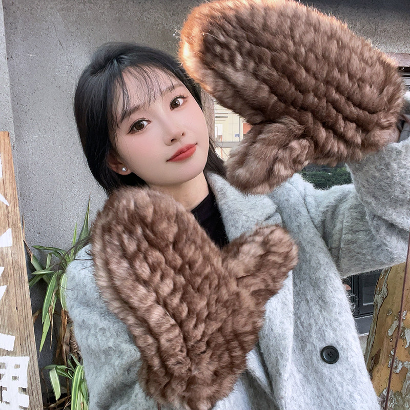 兔毛手套女士冬季可爱防寒保暖皮草手套2025年冬全包滑雪挂脖手套