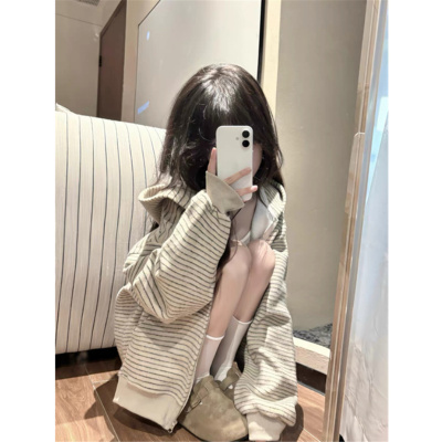 条纹连帽卫衣女宽松开衫外套上衣