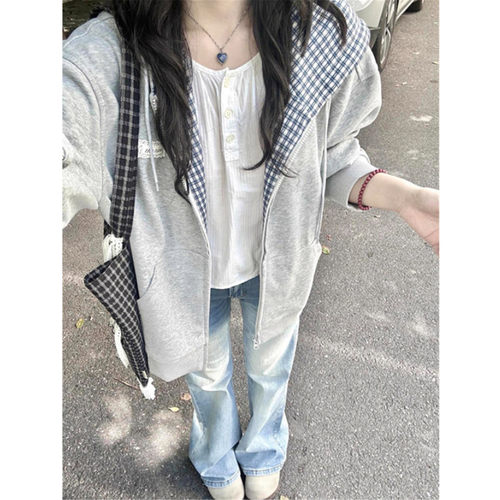 格子连帽卫衣女宽松拉链开衫外套