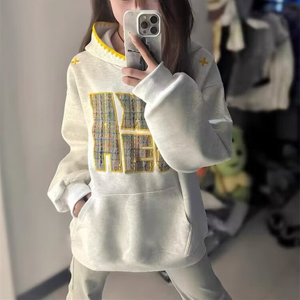 美式复古国潮牌刺绣连帽卫衣女秋冬oversize加绒加厚宽松慵懒外套