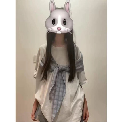 美式蝴蝶结格子绑带短袖T恤女夏季设计感小众宽松慵懒风半袖上衣