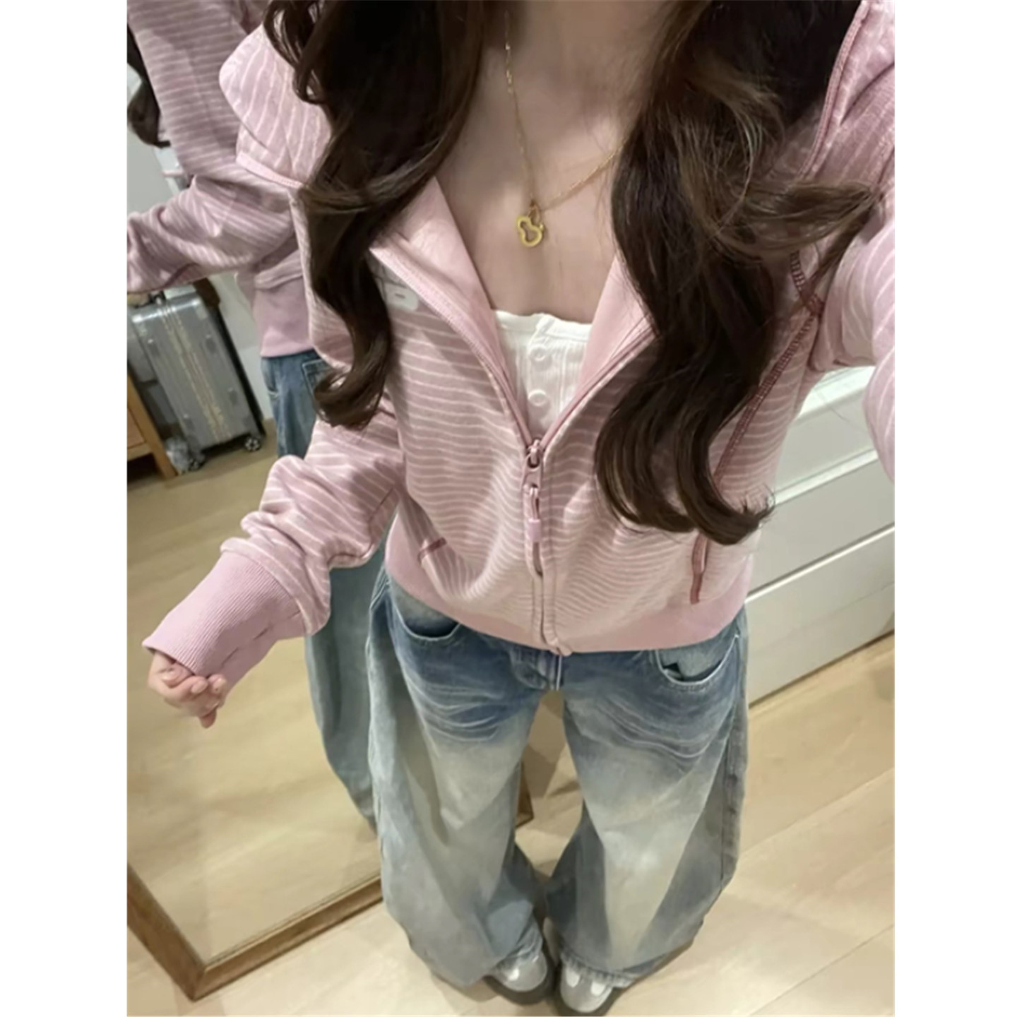 韩系短款收腰哈苏线条纹运动连帽开衫卫衣女春秋薄款情侣外套上衣