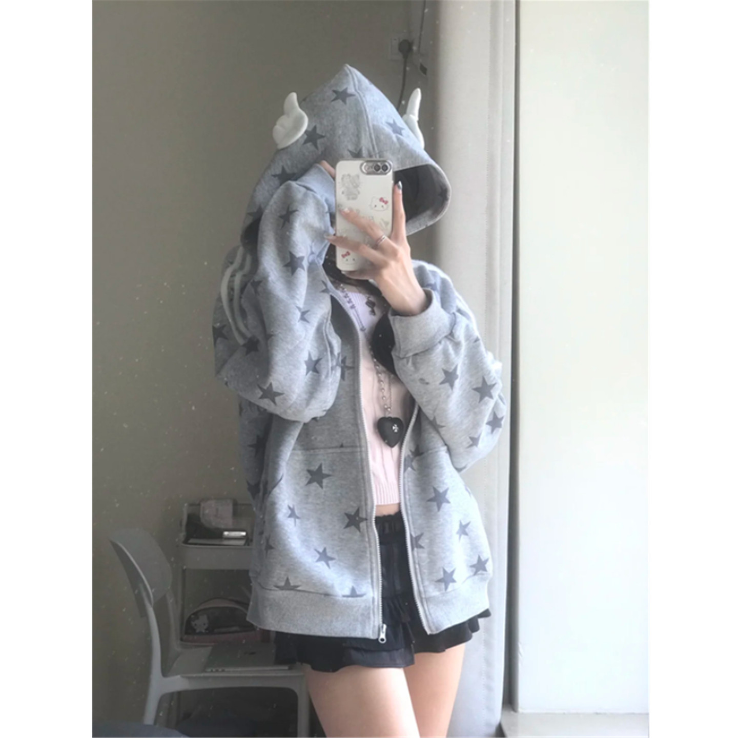 星星满印连帽卫衣女宽松开衫外套图片