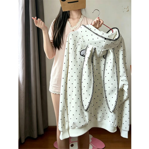 波点兔子耳朵连帽卫衣女宽松外套