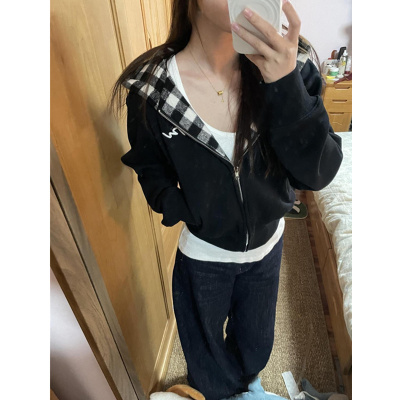 格子连帽卫衣女宽松开衫短款外套