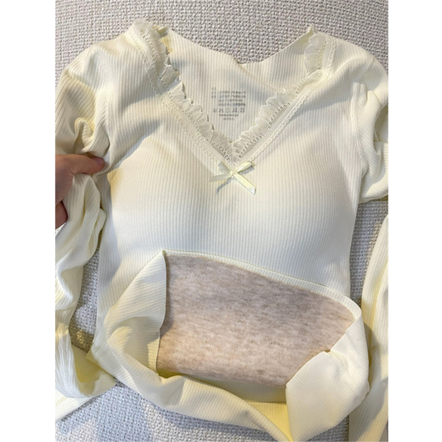 蕾丝花边V领打底衫女带胸垫上衣