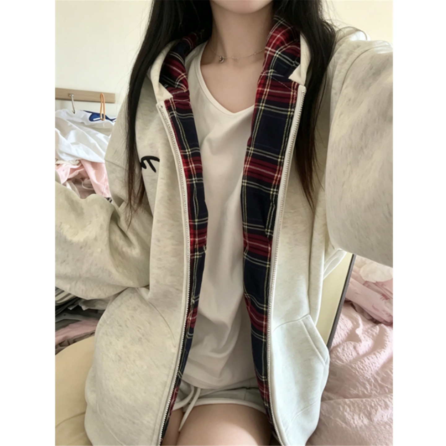 格子连帽卫衣女宽松开衫外套上衣图片