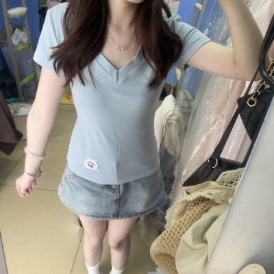 蓝色纯棉短袖t恤女修身短款上衣