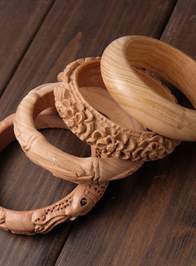 桃木手镯花开富贵节节高年年有余双鱼原木木雕手链手串中国风复古