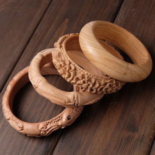 桃木手镯花开富贵节节高年年有余双鱼原木木雕手链手串中国风复古