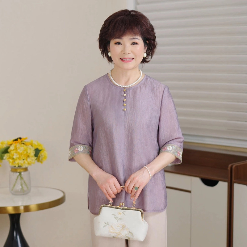 妈妈夏装小衫2025新款宽松大码遮肉轻薄中老年女装绣花T恤衫上衣