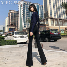 喇叭裤女2019春季新款港风高腰显瘦弹力阔腿长裤黑色微喇牛仔裤
