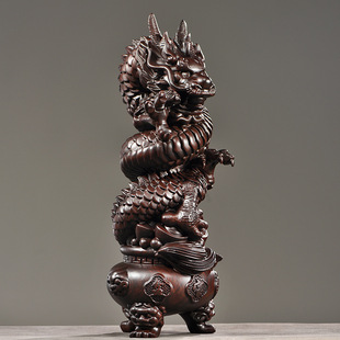 黑檀木雕十二生肖龙摆件聚宝盆盘龙家居风水吉祥物补角装饰工艺品