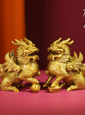 纯铜麒麟摆件一对八方来财镇宅八卦麒麟家居办公室客厅工艺品摆件