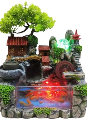 跨境 创意家居客厅办公室中式假山喷泉景观鱼缸树脂工艺流水摆件