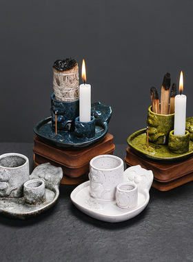 跨境窑变蓝色蜡烛烛台香托鼠尾草秘鲁木小猫圣木托盘家居氛围装饰