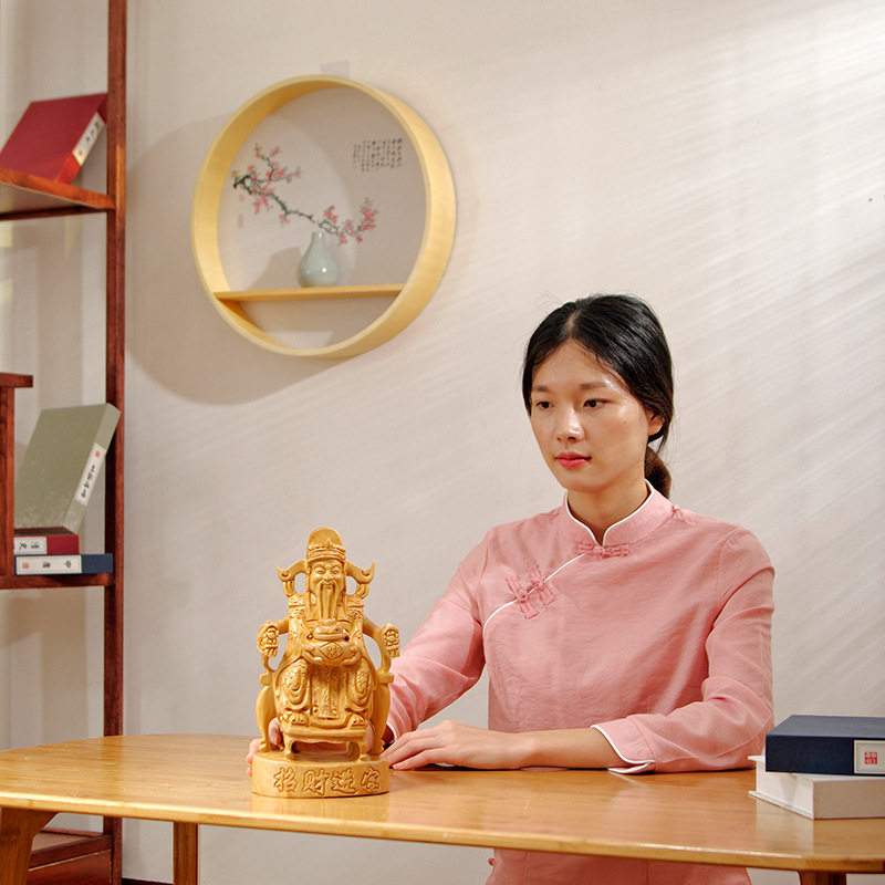 崖柏木雕坐式文财神爷佛像根雕摆件家居客厅玄关装饰开业乔迁送礼