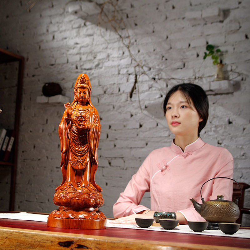 花梨木雕法轮南海观世音菩萨佛像摆件家居装饰摆设红木工艺品