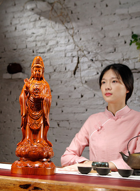 花梨木雕法轮南海观世音菩萨佛像摆件家居装饰摆设红木工艺品