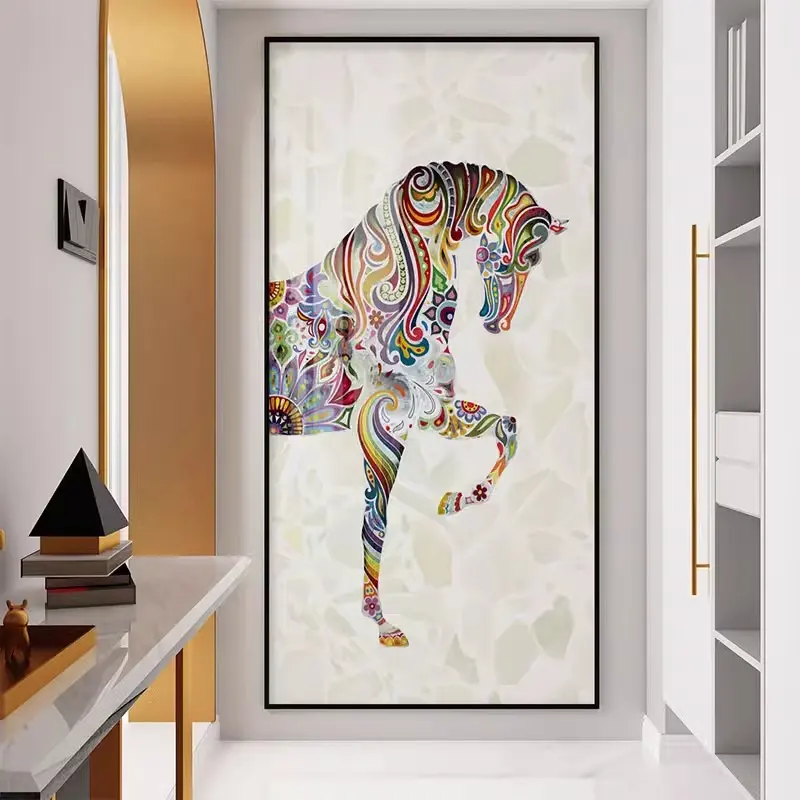 玄关装饰画现代过道走廊入户竖版简约挂画彩色骏马客厅壁画批发图片
