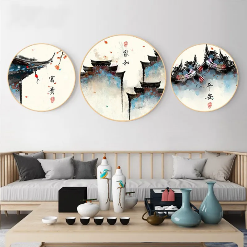 新中式客厅圆形装饰画餐厅挂画民族古典建筑壁画中国风圆框画墙画图片