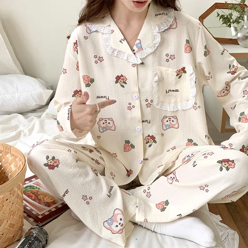 春秋新款睡衣女泡泡绉布开衫长袖翻领套装甜美公主风可外穿家居服
