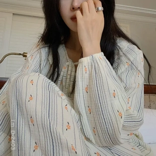 宫廷风田园碎花条纹长袖 家居服 睡衣女士2024春秋新款 甜美花边套装
