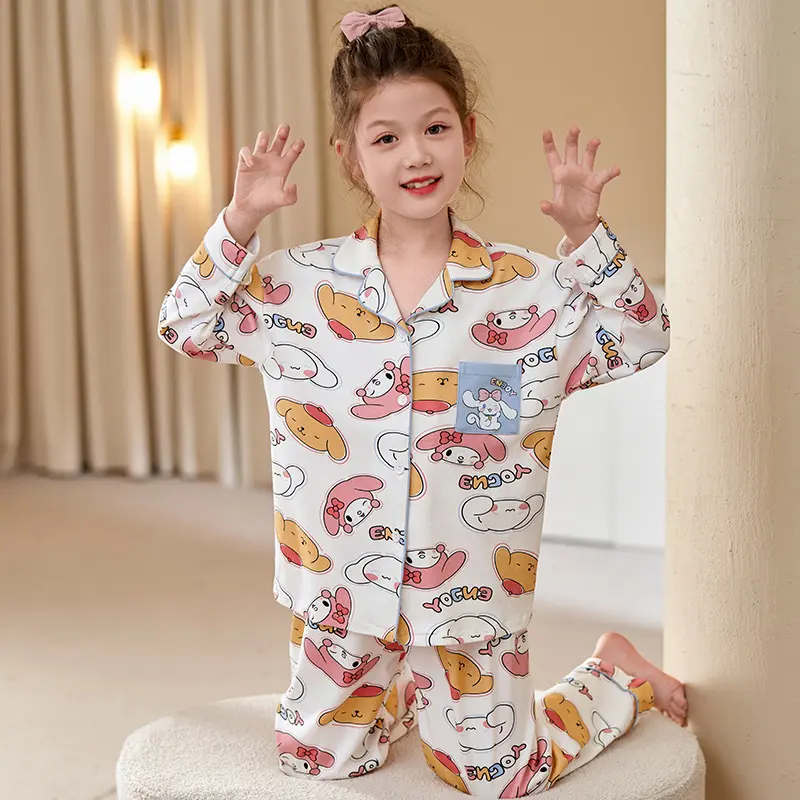 新款春夏秋季纯棉睡衣女童小中大童开衫长袖舒适卡通家居服套装